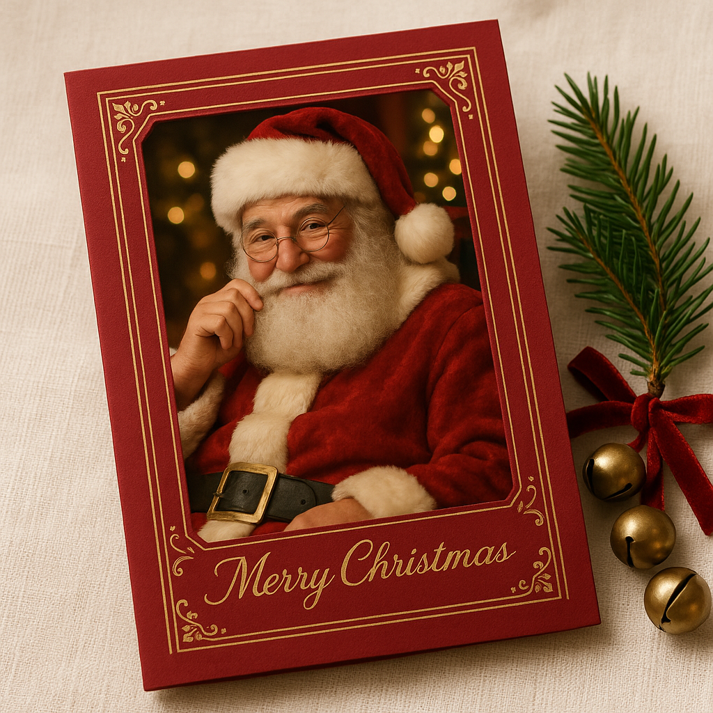 The Talking Santa keepsake card — deep crimson red cover with gold foil border, a full hyper-real Santa portrait, and 'Merry Christmas' in gold cursive — styled on cream linen beside fresh pine.
