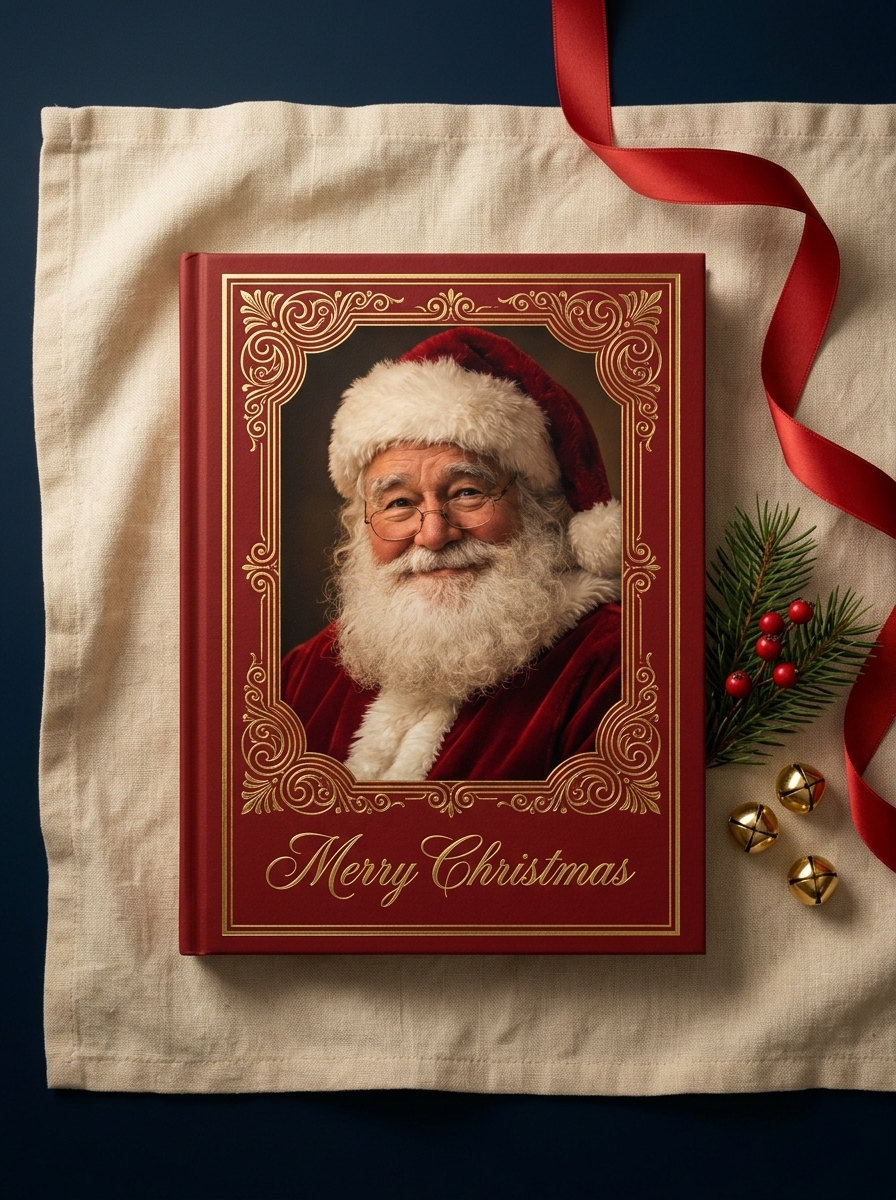 The Talking Santa keepsake card — deep crimson red cover with gold foil border, a full hyper-real Santa portrait, and 'Merry Christmas' in gold cursive — styled on cream linen beside fresh pine.