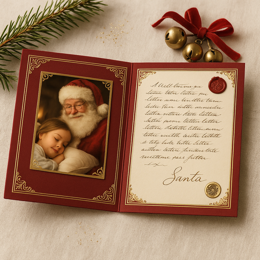 The Talking Santa keepsake card open on cream linen, showing a photo of the sleeping child with Santa watching over her on the left page and Santa's handwritten letter with a gold-foiled signature, red wax seal, and embedded speaker on the right page.