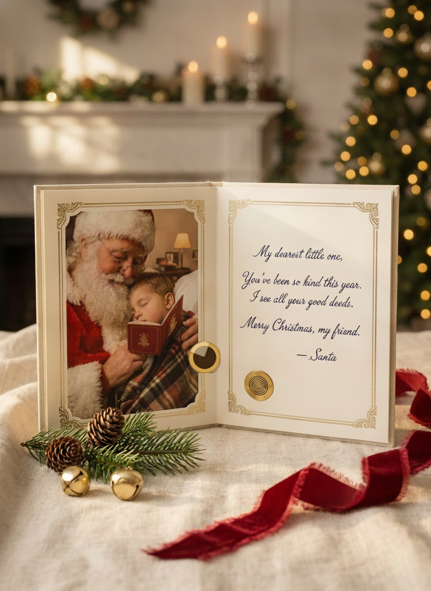The Talking Santa keepsake card open on cream linen — the left inside page shows a photograph of Santa kneeling at a sleeping child's bedside holding the card, and the right inside page shows Santa's handwritten letter signed with a red wax seal in the lower-right and a gold-rimmed speaker button embedded in the lower-left of the parchment.