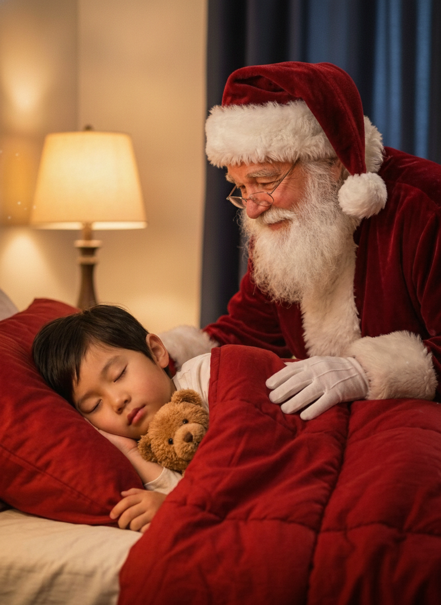 Example of Santa generated into a sleeping child's bedroom photo — beside scene