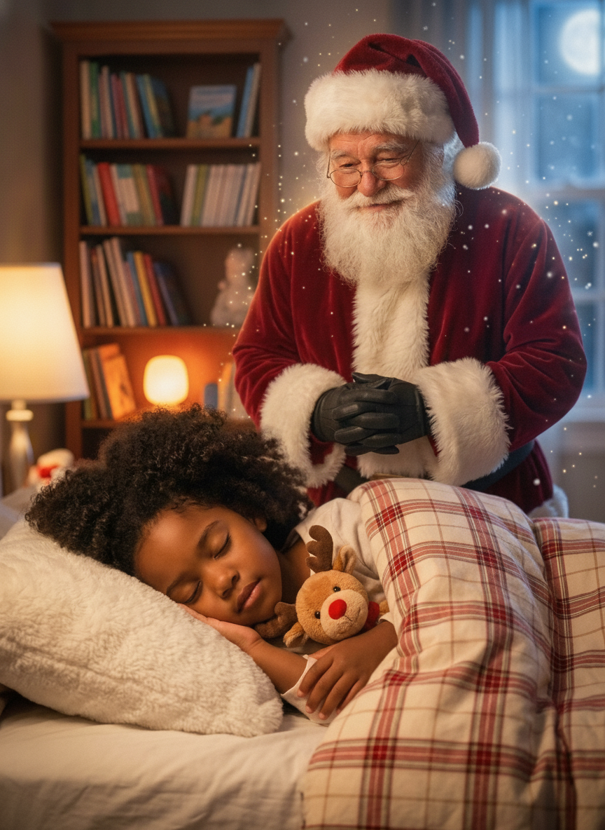 Example of Santa generated into a sleeping child's bedroom photo — watching scene