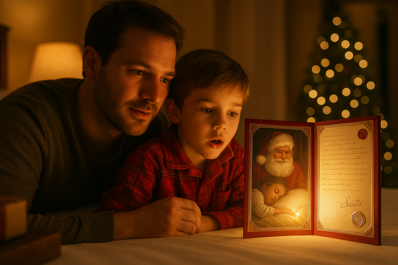 Father and son in front of a fireplace holding a Talking Santa card