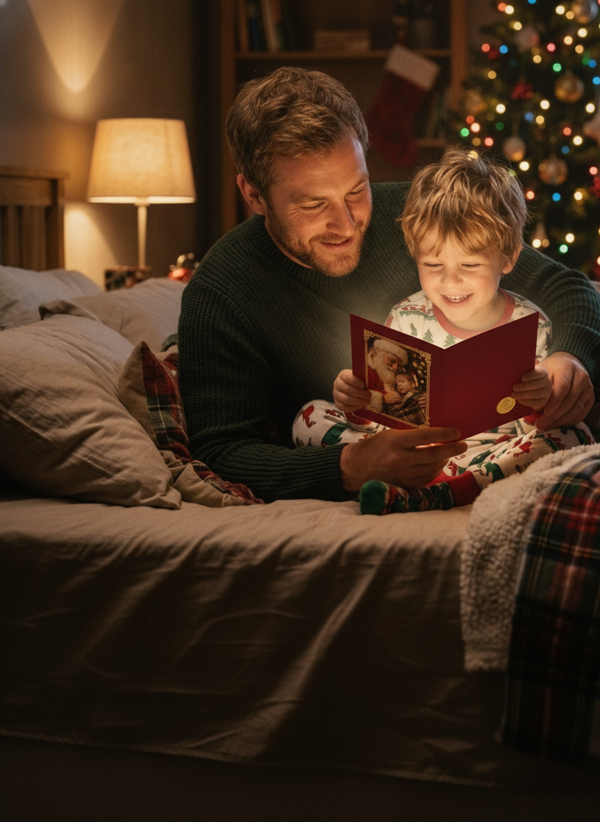Father and son holding open a glowing Talking Santa keepsake card by the Christmas tree — deep red back cover visible, Santa's portrait on the left inside page and his handwritten letter on the right.