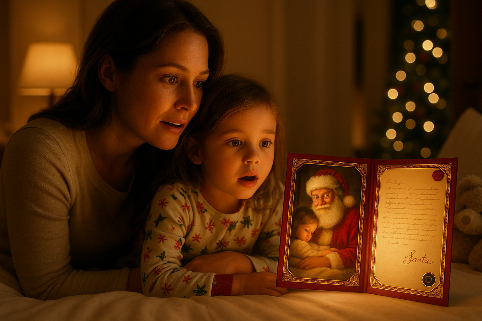 Mother and daughter holding open a glowing Talking Santa card on Christmas Eve