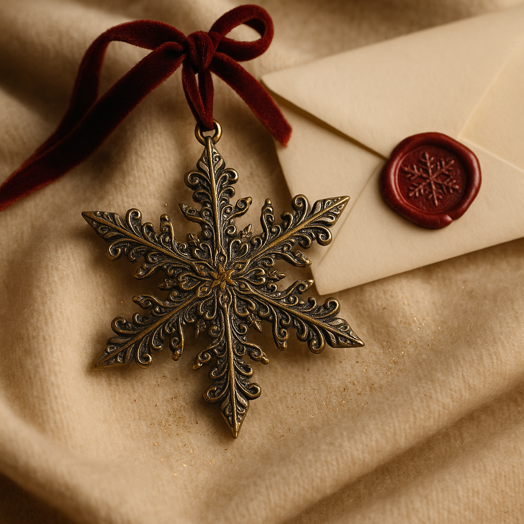 A hand-crafted antique brass and pewter snowflake ornament from Santa's workshop, hanging from a red velvet ribbon, resting on cream cashmere fabric beside a folded parchment letter with a red wax seal