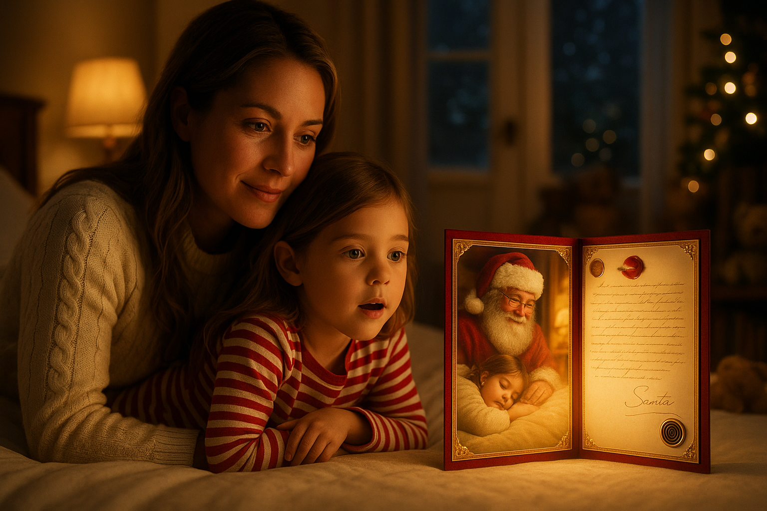 A mother and her young daughter on the floor by a glowing Christmas tree, holding open a Talking Santa keepsake card together — the card glowing warmly with a Santa illustration and a handwritten letter inside.
